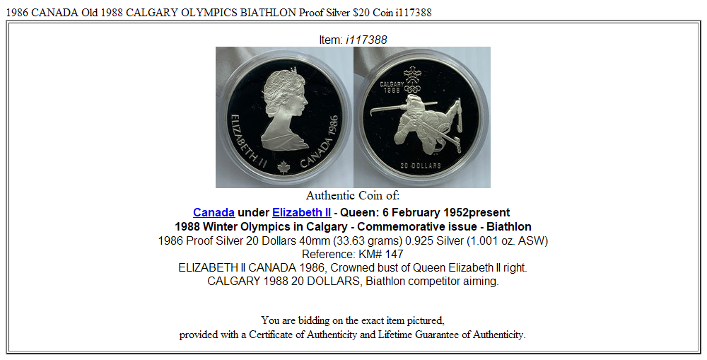 1986 CANADA Old 1988 CALGARY OLYMPICS BIATHLON Proof Silver $20 Coin i117388