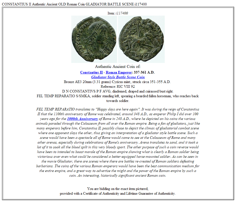 CONSTANTIUS II Authentic Ancient OLD Roman Coin GLADIATOR BATTLE SCENE i117400