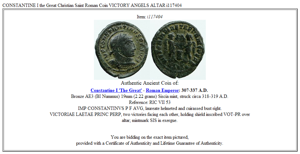 CONSTANTINE I the Great Christian Saint Roman Coin VICTORY ANGELS ALTAR i117404