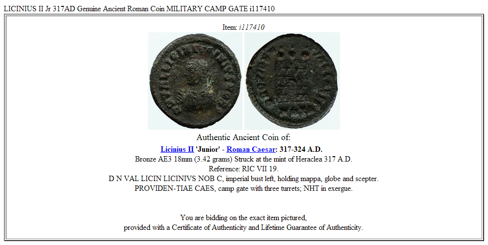 LICINIUS II Jr 317AD Genuine Ancient Roman Coin MILITARY CAMP GATE i117410