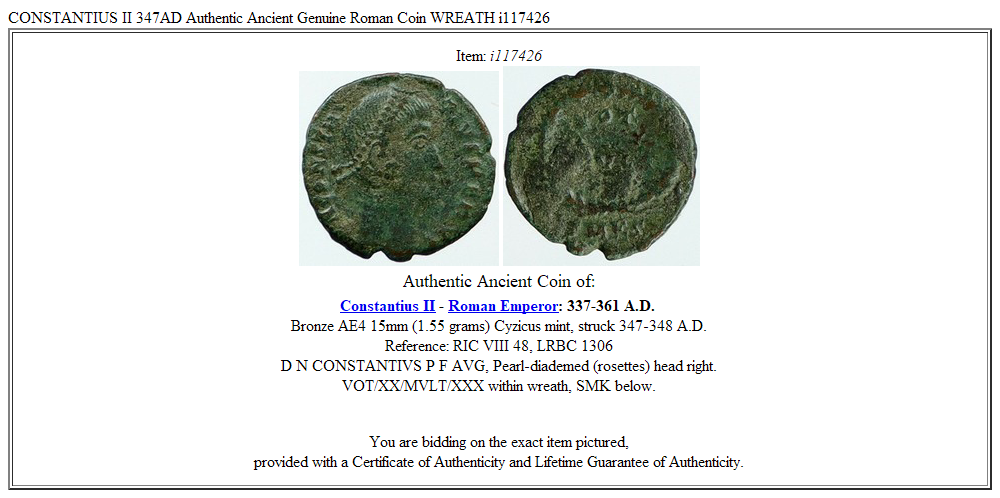 CONSTANTIUS II 347AD Authentic Ancient Genuine Roman Coin WREATH i117426