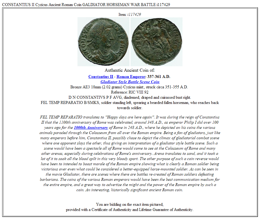 CONSTANTIUS II Cyzicus Ancient Roman Coin GALDIATOR HORSEMAN WAR BATTLE i117429