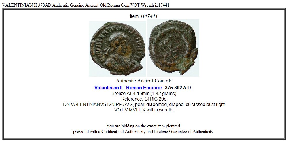 VALENTINIAN II 378AD Authentic Genuine Ancient Old Roman Coin VOT Wreath i117441