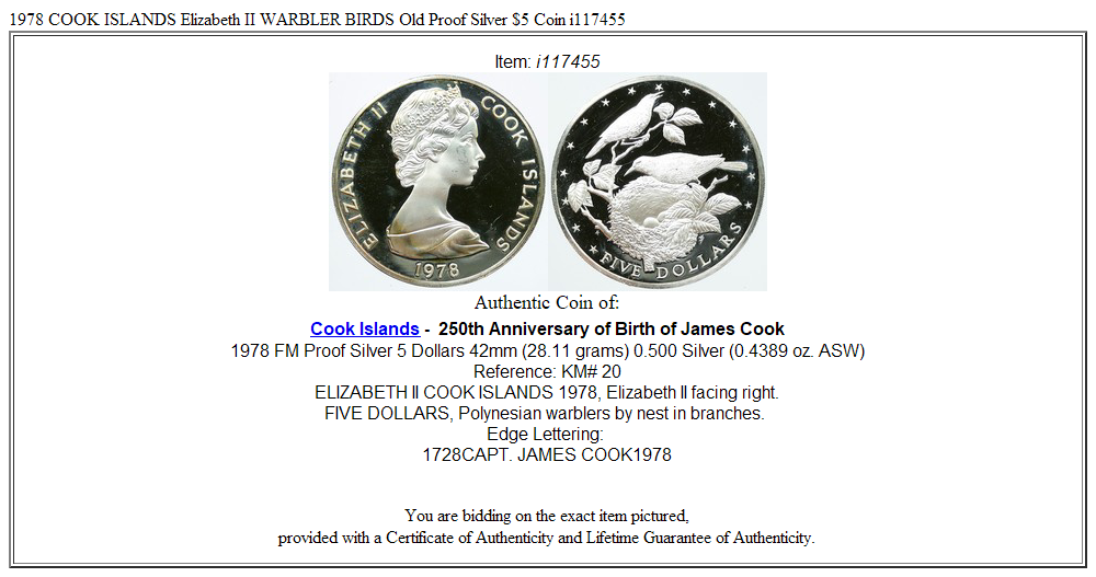 1978 COOK ISLANDS Elizabeth II WARBLER BIRDS Old Proof Silver $5 Coin i117455
