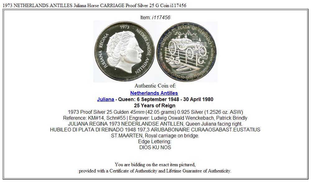 1973 NETHERLANDS ANTILLES Juliana Horse CARRIAGE Proof Silver 25 G Coin i117456