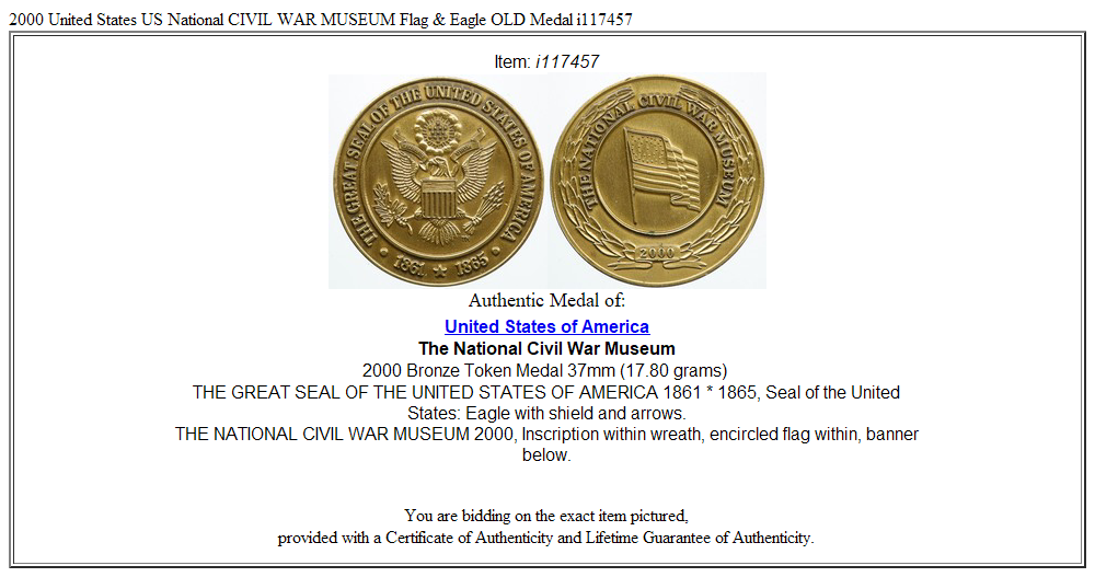 2000 United States US National CIVIL WAR MUSEUM Flag & Eagle OLD Medal i117457