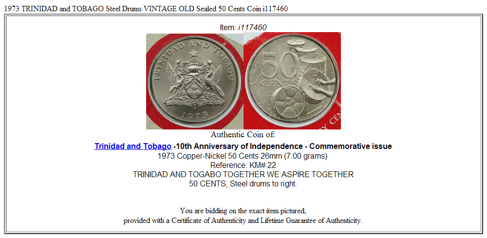 1973 TRINIDAD and TOBAGO Steel Drums VINTAGE OLD Sealed 50 Cents Coin i117460