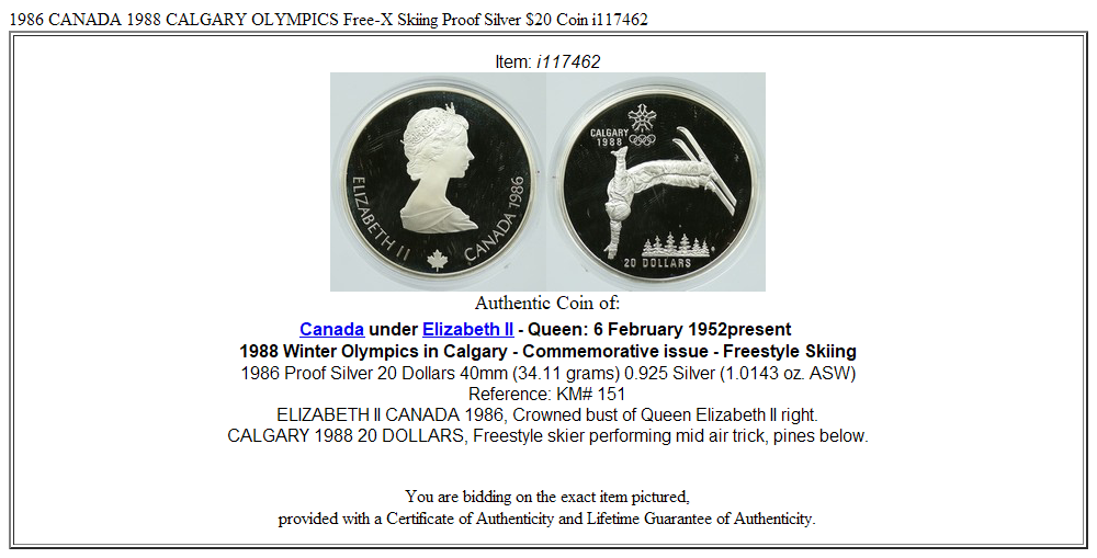 1986 CANADA 1988 CALGARY OLYMPICS Free-X Skiing Proof Silver $20 Coin i117462