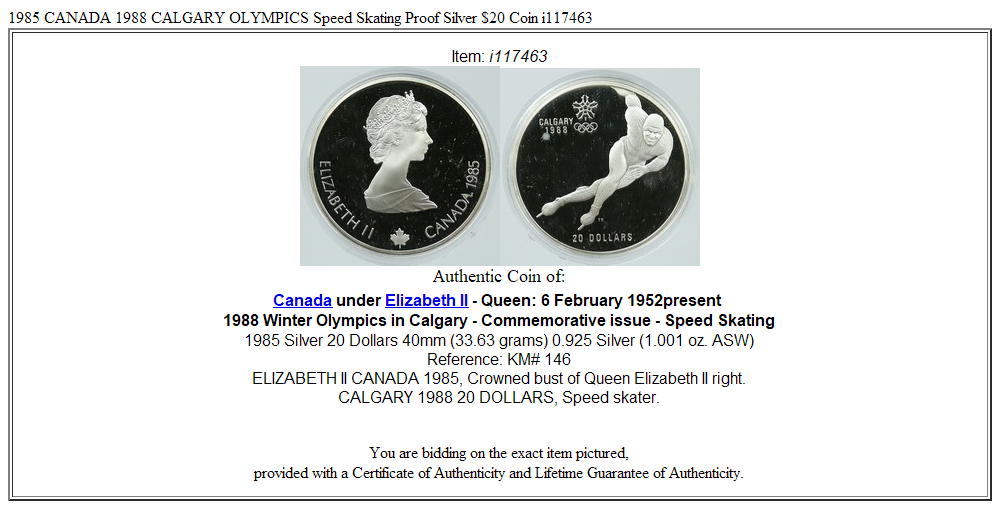 1985 CANADA 1988 CALGARY OLYMPICS Speed Skating Proof Silver $20 Coin i117463