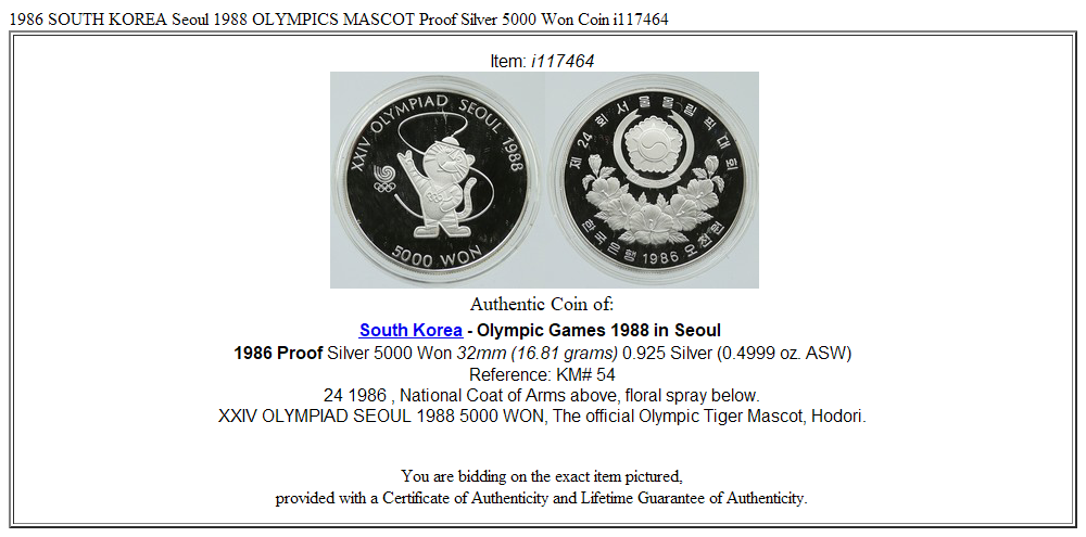 1986 SOUTH KOREA Seoul 1988 OLYMPICS MASCOT Proof Silver 5000 Won Coin i117464