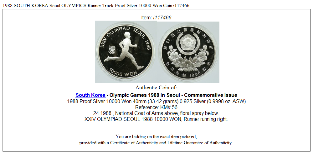 1988 SOUTH KOREA Seoul OLYMPICS Runner Track Proof Silver 10000 Won Coin i117466