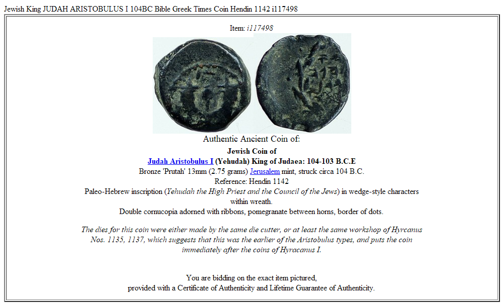 Jewish King JUDAH ARISTOBULUS I 104BC Bible Greek Times Coin Hendin 1142 i117498