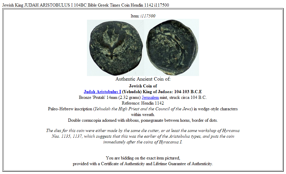 Jewish King JUDAH ARISTOBULUS I 104BC Bible Greek Times Coin Hendin 1142 i117500