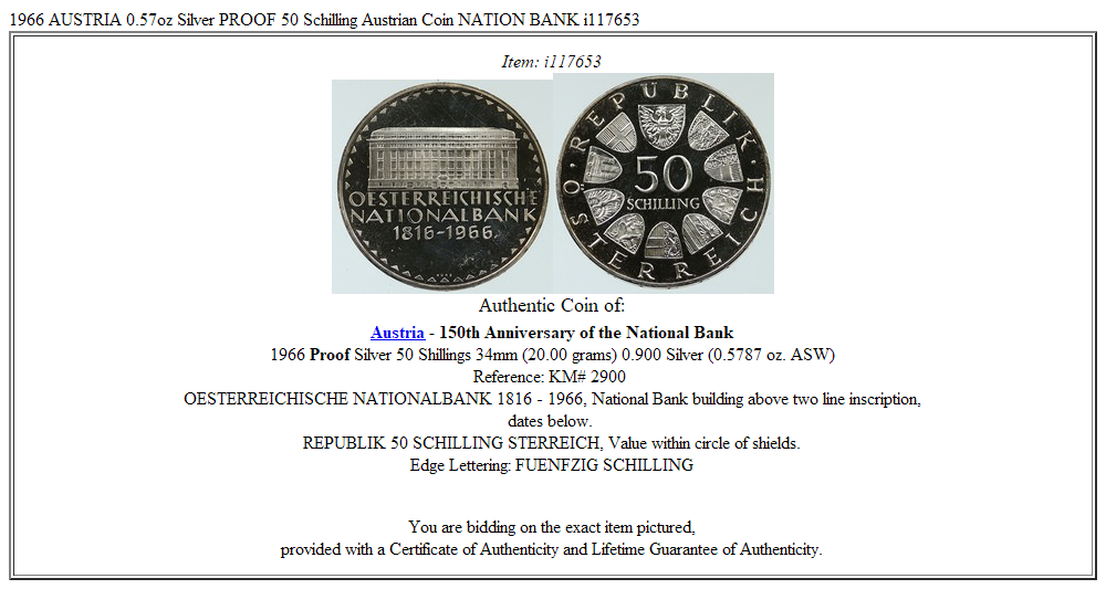 1966 AUSTRIA 0.57oz Silver PROOF 50 Schilling Austrian Coin NATION BANK i117653