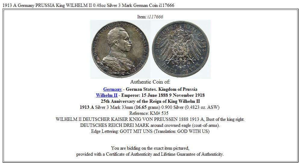 1913 A Germany PRUSSIA King WILHELM II 0.48oz Silver 3 Mark German Coin i117666