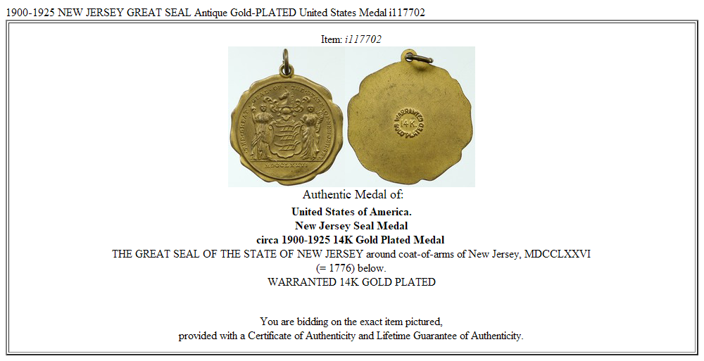 1900-1925 NEW JERSEY GREAT SEAL Antique Gold-PLATED United States Medal i117702