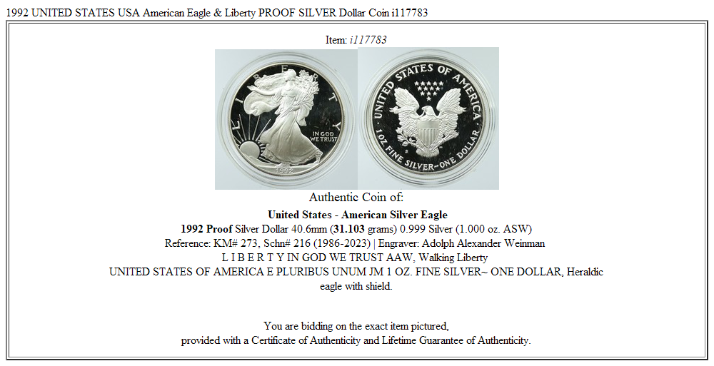 1992 UNITED STATES USA American Eagle & Liberty PROOF SILVER Dollar Coin i117783
