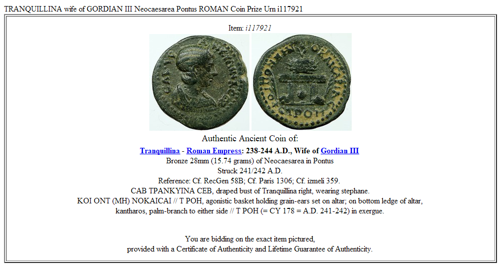 TRANQUILLINA wife of GORDIAN III Neocaesarea Pontus ROMAN Coin Prize Urn i117921