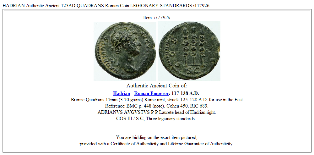 HADRIAN Authentic Ancient 125AD QUADRANS Roman Coin LEGIONARY STANDRARDS i117926