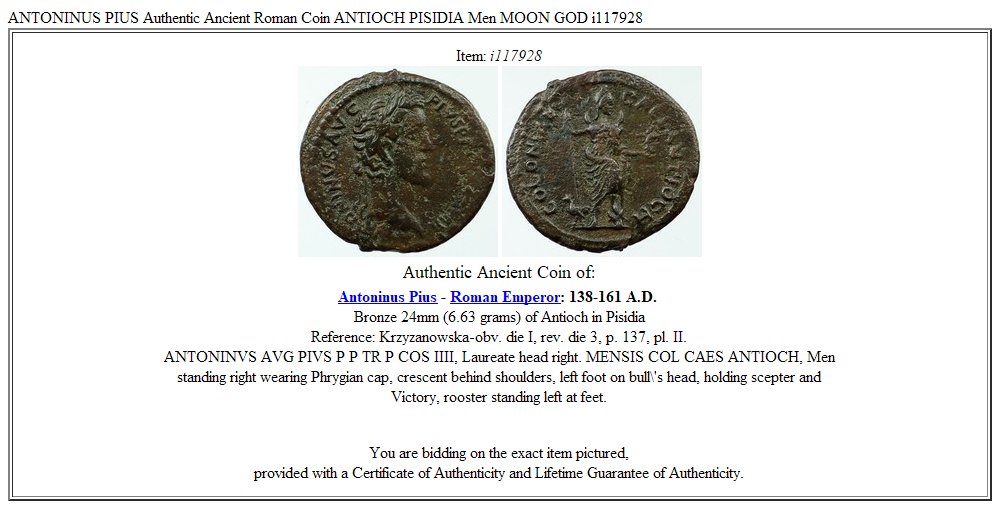 ANTONINUS PIUS Authentic Ancient Roman Coin ANTIOCH PISIDIA Men MOON GOD i117928