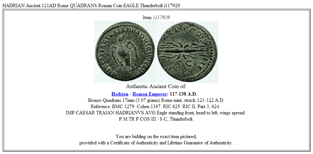 HADRIAN Ancient 121AD Rome QUADRANS Roman Coin EAGLE Thunderbolt i117929