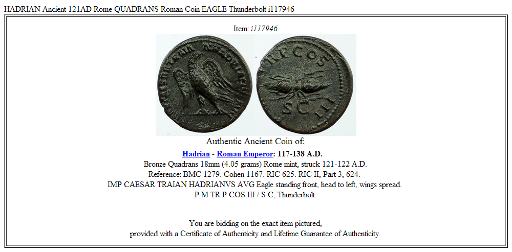 HADRIAN Ancient 121AD Rome QUADRANS Roman Coin EAGLE Thunderbolt i117946