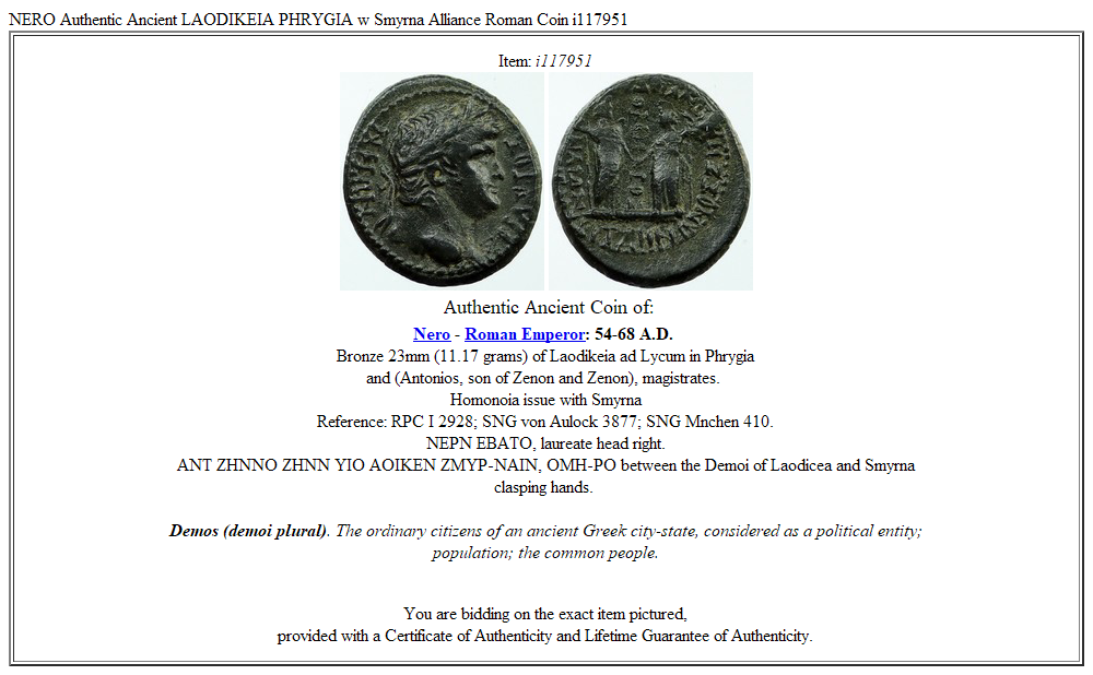 NERO Authentic Ancient LAODIKEIA PHRYGIA w Smyrna Alliance Roman Coin i117951