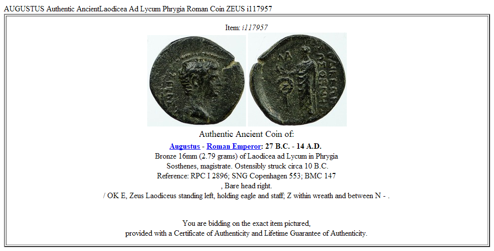 AUGUSTUS Authentic AncientLaodicea Ad Lycum Phrygia Roman Coin ZEUS i117957