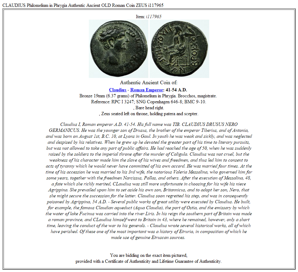 CLAUDIUS Philomelium in Phrygia Authentic Ancient OLD Roman Coin ZEUS i117965