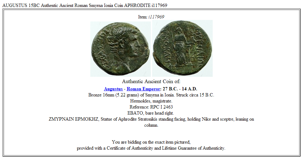 AUGUSTUS 15BC Authentic Ancient Roman Smyrna Ionia Coin APHRODITE i117969