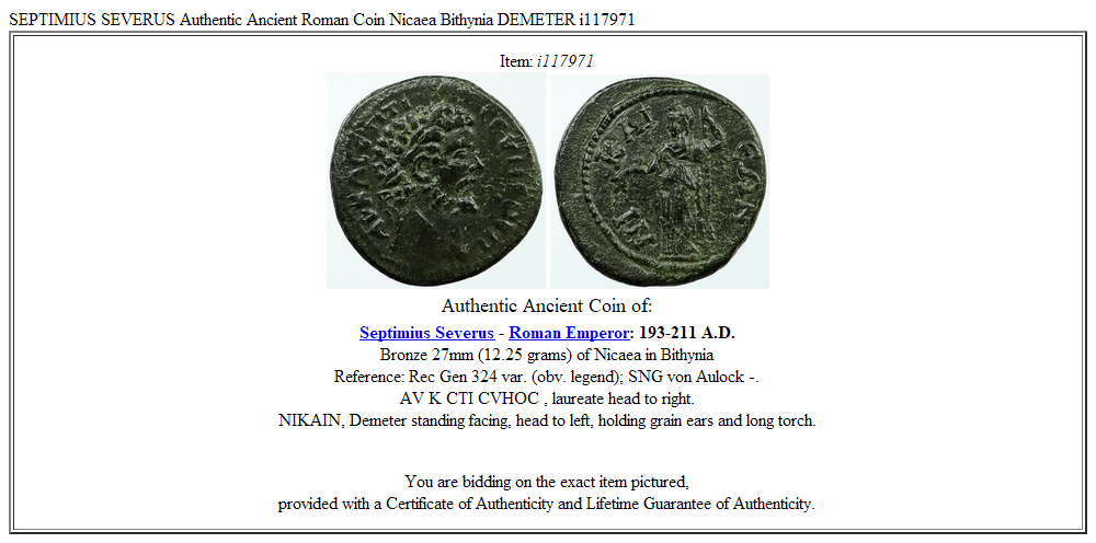 SEPTIMIUS SEVERUS Authentic Ancient Roman Coin Nicaea Bithynia DEMETER i117971