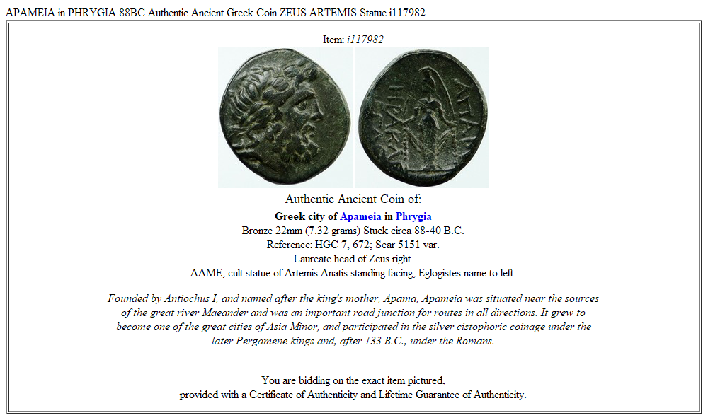 APAMEIA in PHRYGIA 88BC Authentic Ancient Greek Coin ZEUS ARTEMIS Statue i117982
