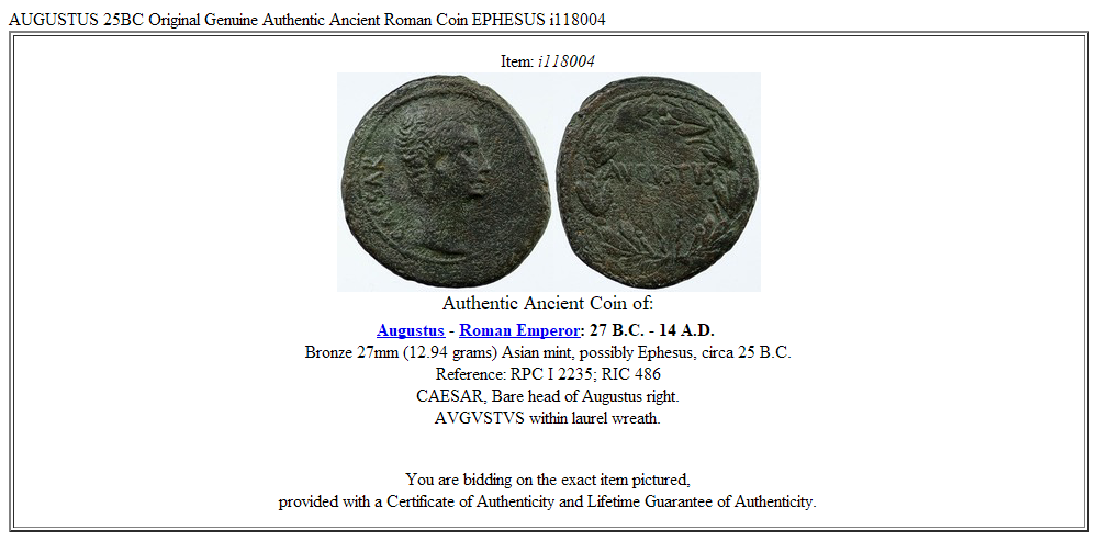 AUGUSTUS 25BC Original Genuine Authentic Ancient Roman Coin EPHESUS i118004