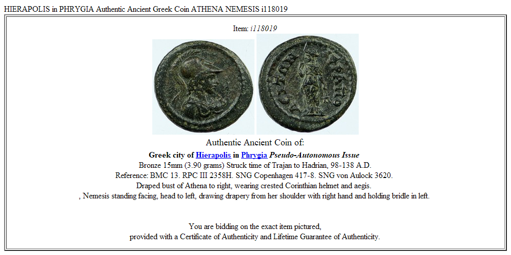 HIERAPOLIS in PHRYGIA Authentic Ancient Greek Coin ATHENA NEMESIS i118019