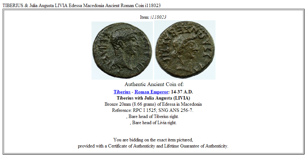 TIBERIUS & Julia Augusta LIVIA Edessa Macedonia Ancient Roman Coin i118023