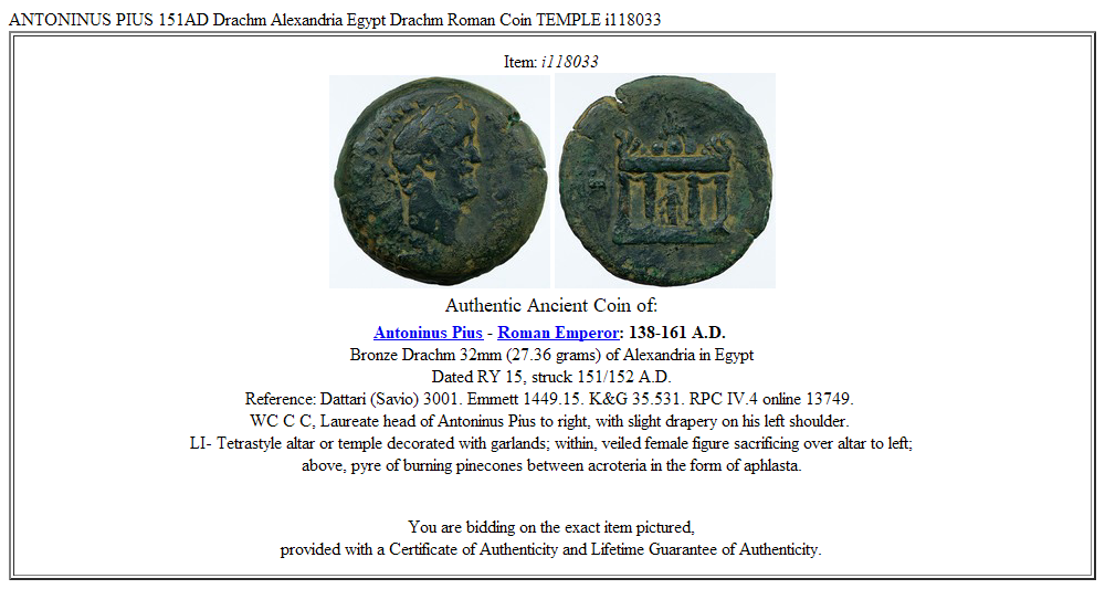 ANTONINUS PIUS 151AD Drachm Alexandria Egypt Drachm Roman Coin TEMPLE i118033