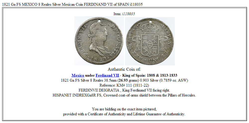 1821 Ga FS MEXICO 8 Reales Silver Mexican Coin FERDINAND VII of SPAIN i118035