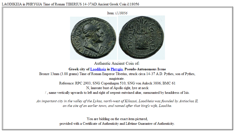 LAODIKEIA in PHRYGIA Time of Roman TIBERIUS 14-37AD Ancient Greek Coin i118056