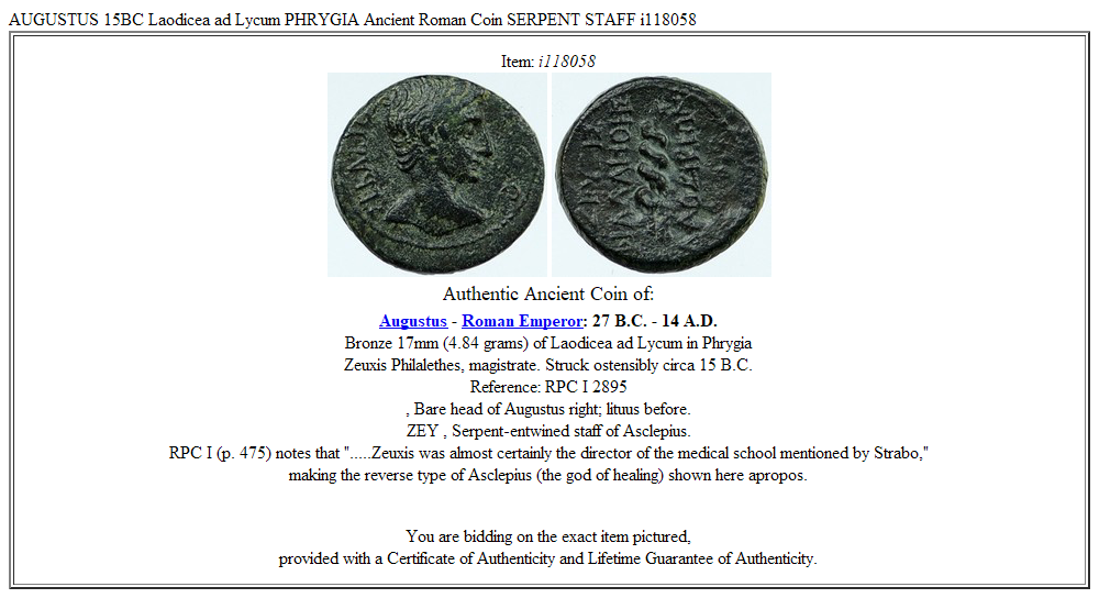 AUGUSTUS 15BC Laodicea ad Lycum PHRYGIA Ancient Roman Coin SERPENT STAFF i118058