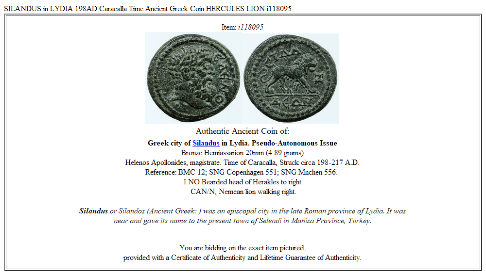 SILANDUS in LYDIA 198AD Caracalla Time Ancient Greek Coin HERCULES LION i118095