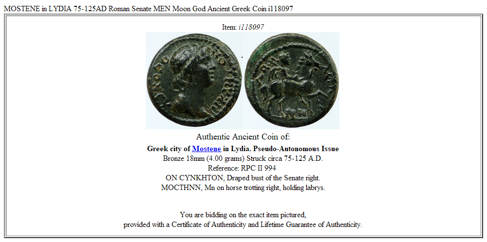 MOSTENE in LYDIA 75-125AD Roman Senate MEN Moon God Ancient Greek Coin i118097