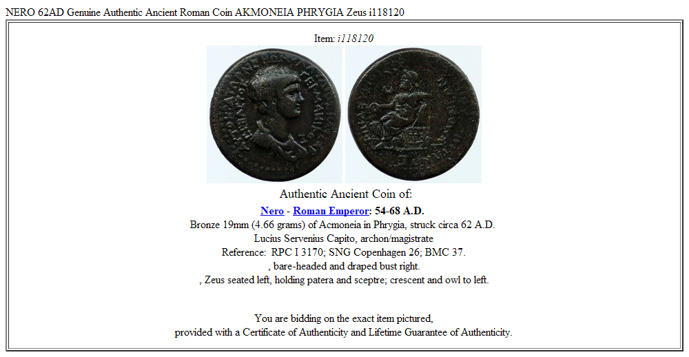 NERO 62AD Genuine Authentic Ancient Roman Coin AKMONEIA PHRYGIA Zeus i118120