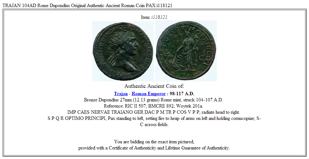 TRAJAN 104AD Rome Dupondius Original Authentic Ancient Roman Coin PAX i118121