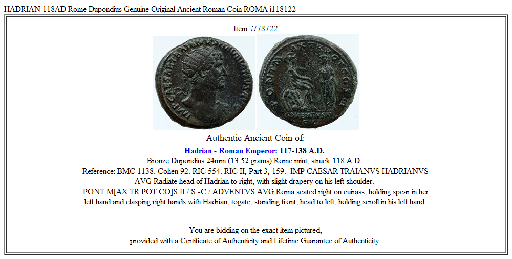 HADRIAN 118AD Rome Dupondius Genuine Original Ancient Roman Coin ROMA i118122