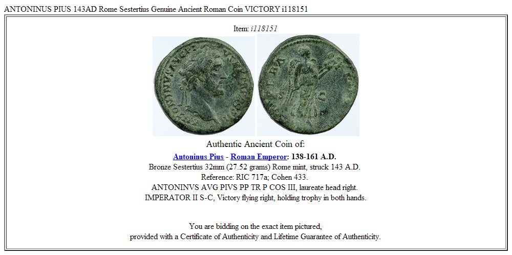 ANTONINUS PIUS 143AD Rome Sestertius Genuine Ancient Roman Coin VICTORY i118151