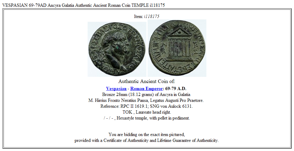 VESPASIAN 69-79AD Ancyra Galatia Authentic Ancient Roman Coin TEMPLE i118175