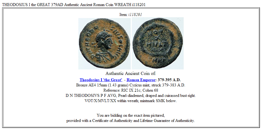 THEODOSIUS I the GREAT 379AD Authentic Ancient Roman Coin WREATH i118201