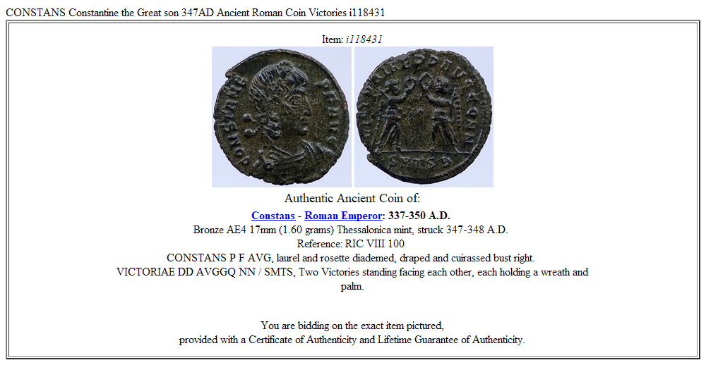 CONSTANS Constantine the Great son 347AD Ancient Roman Coin Victories i118431