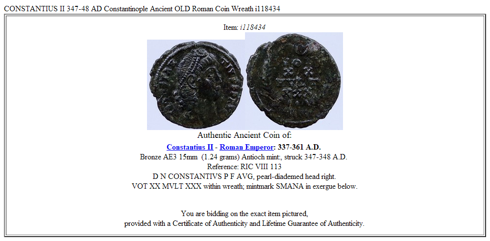 CONSTANTIUS II 347-48 AD Constantinople Ancient OLD Roman Coin Wreath i118434