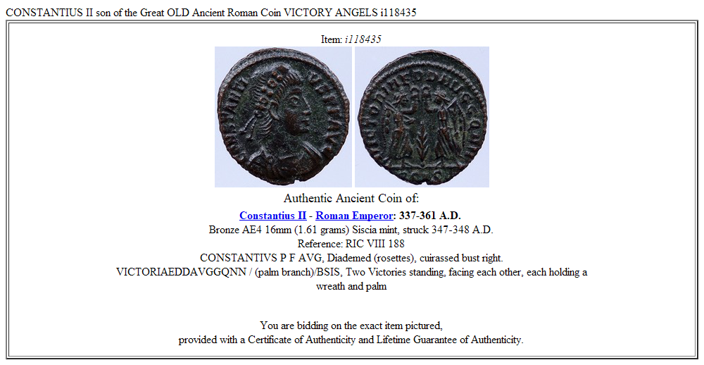 CONSTANTIUS II son of the Great OLD Ancient Roman Coin VICTORY ANGELS i118435